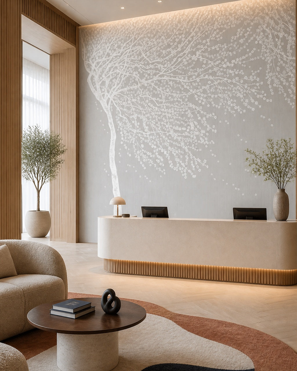 White blossom tree wallpaper in a boutique hotel lobby.