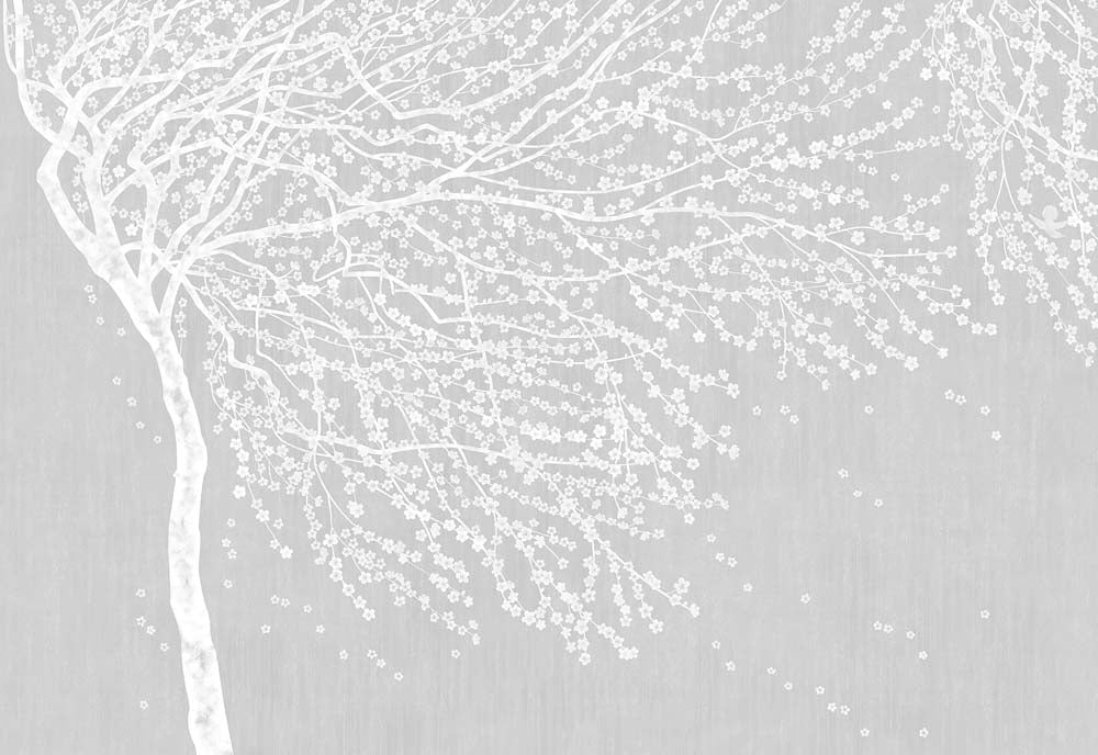 Fototapete Weißer Blütenbaum – Vom Wind gewehter Baum auf Grau