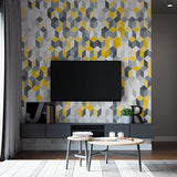 Modern Geometric Hexagonal Wallpaper in Yellow, Gray, and White