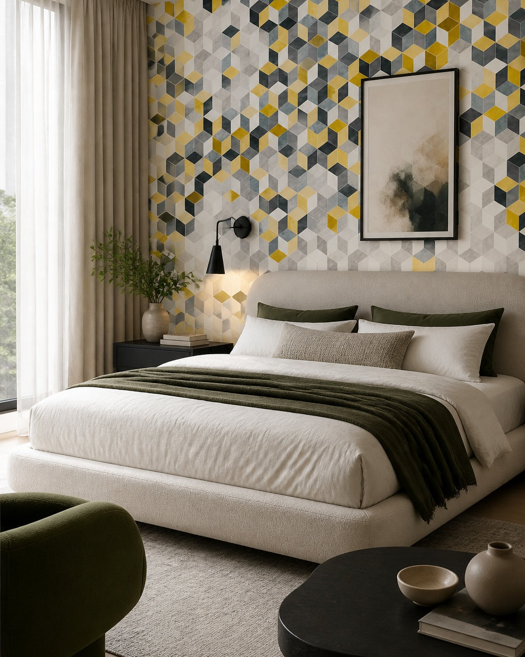 Yellow and grey hexagon wallpaper in a designer bedroom.