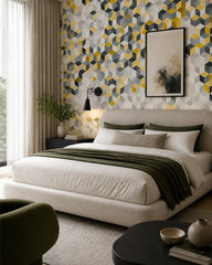 Yellow and grey hexagon wallpaper in a designer bedroom.