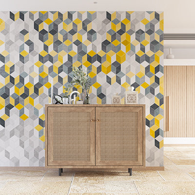 Custom Modern Geometric Hexagonal Wallpaper in Yellow, Gray, and White