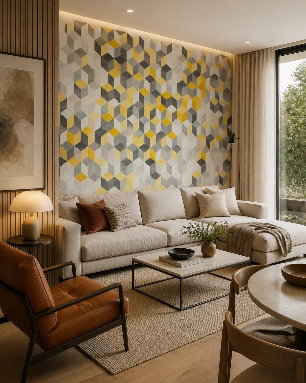 Yellow and grey hexagon wallpaper in a designer living room.