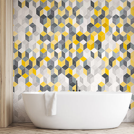 Modern Geometric Hexagonal Wallpaper in Yellow, Gray, and White