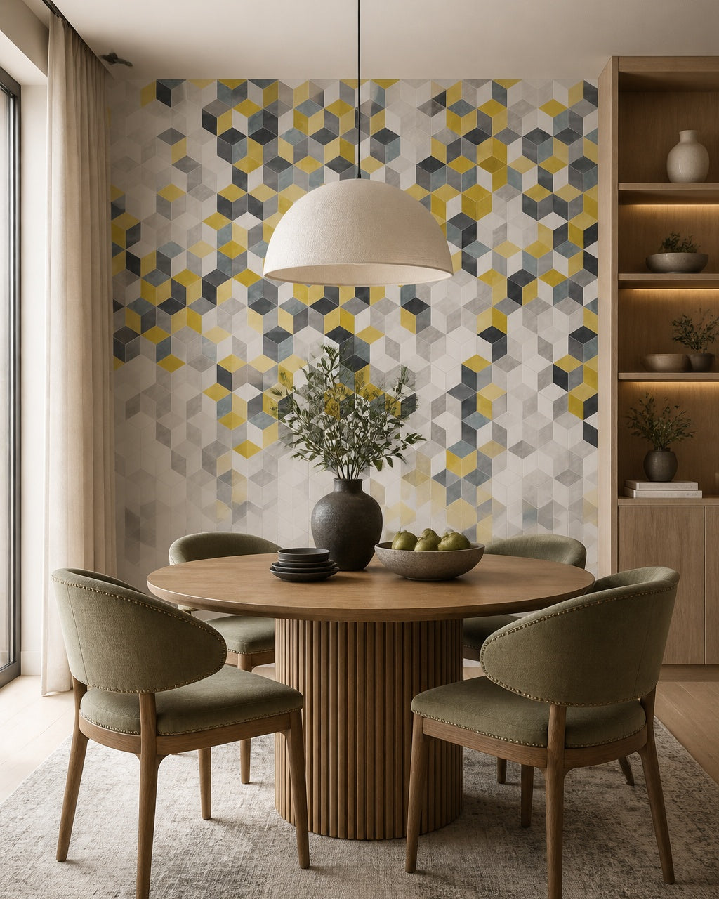Yellow and grey hexagon wallpaper in a refined dining area.