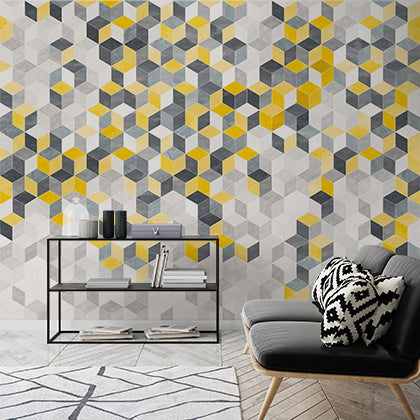 Modern Geometric Hexagonal Wallpaper in Yellow, Gray, and White