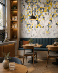 Yellow and grey hexagon wallpaper in a specialty coffee shop.