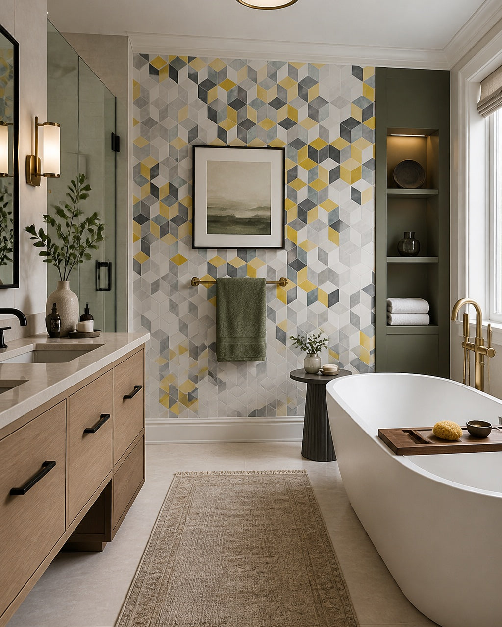 Yellow and grey hexagon wallpaper in a luxury bathroom.