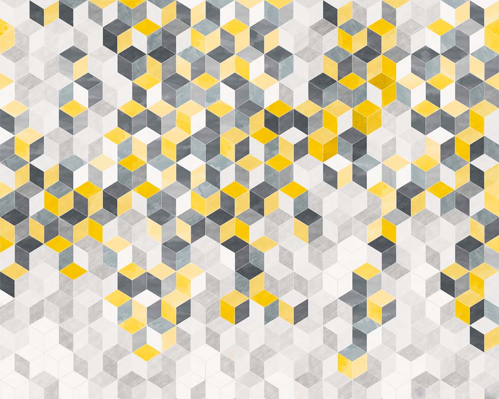 Geel-grijs hexagonfotobehang – geometrisch kubuspatroon