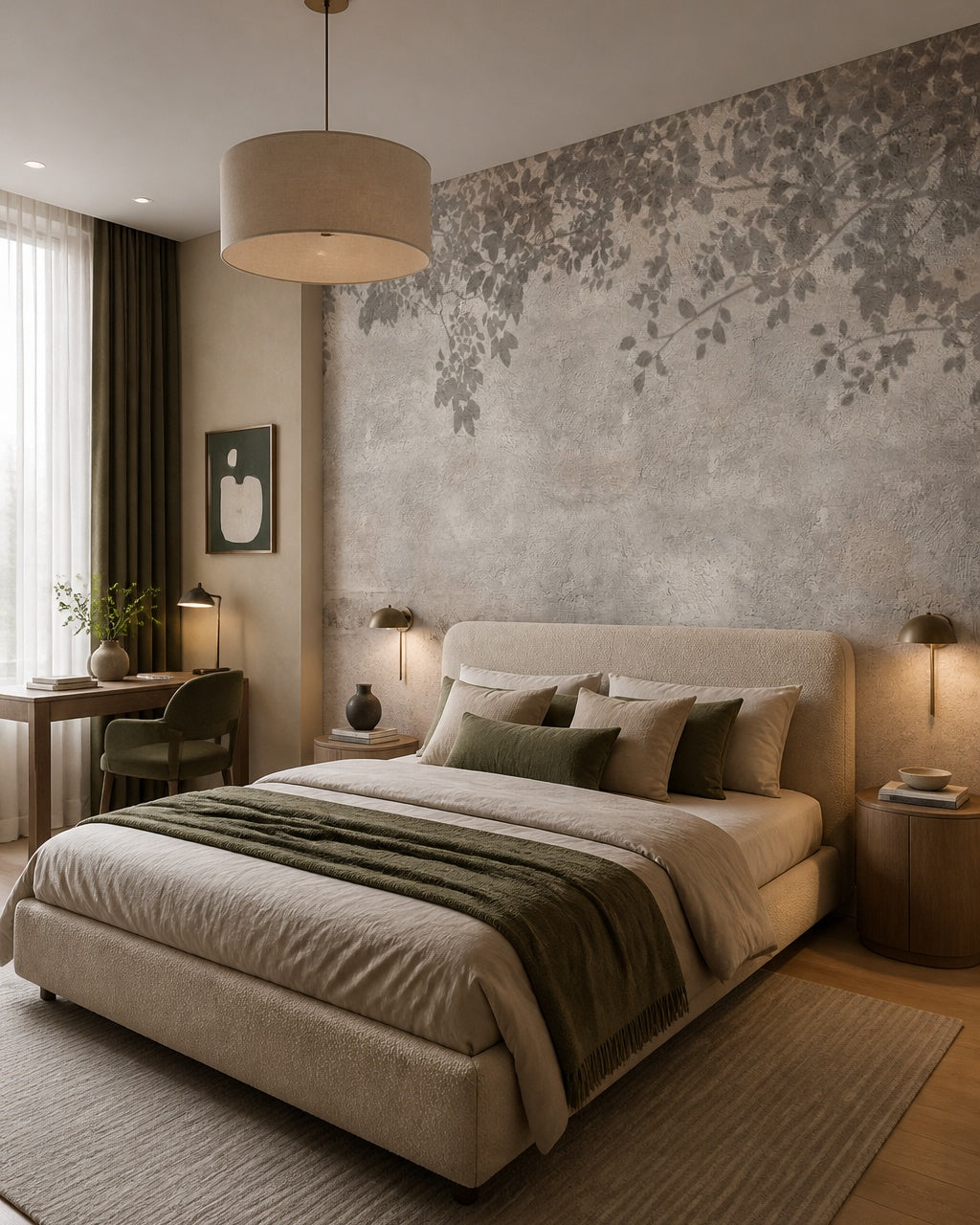 Shadowed leaves wallpaper in a designer bedroom.