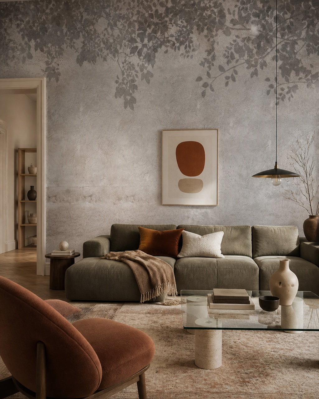 Shadowed leaves wallpaper in a designer living room.