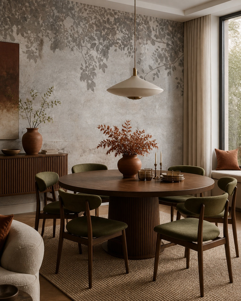 Shadowed leaves wallpaper in a refined dining area.