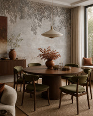 Shadowed leaves wallpaper in a refined dining area.