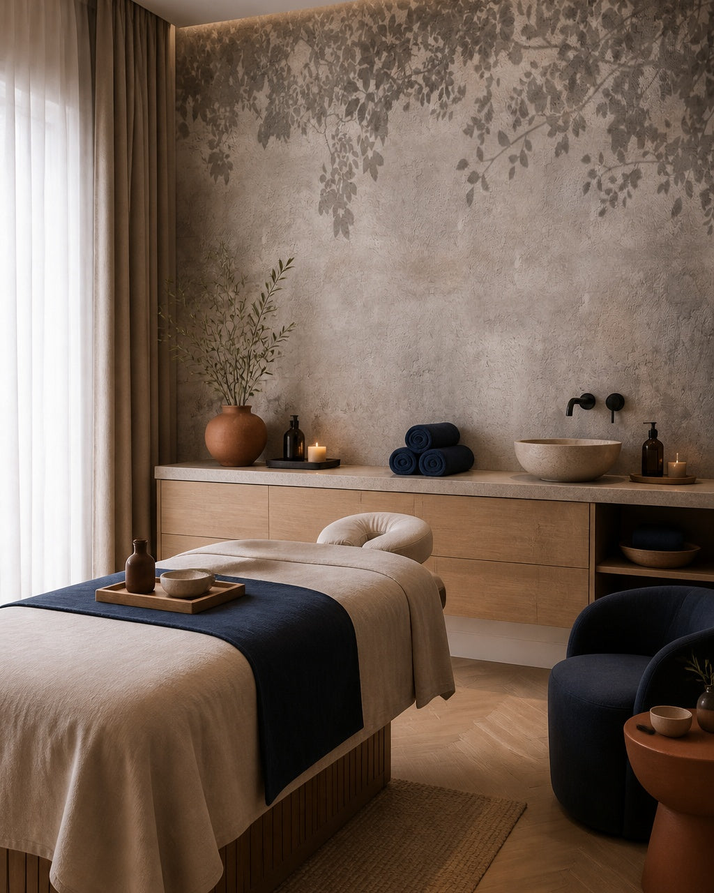 Shadowed leaves wallpaper in a wellness spa.