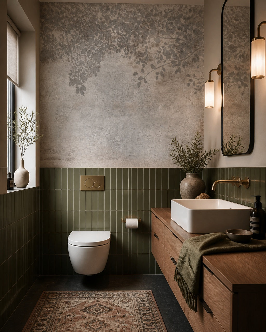 Shadowed leaves wallpaper in a luxury bathroom.