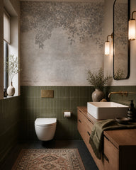 Shadowed leaves wallpaper in a luxury bathroom.