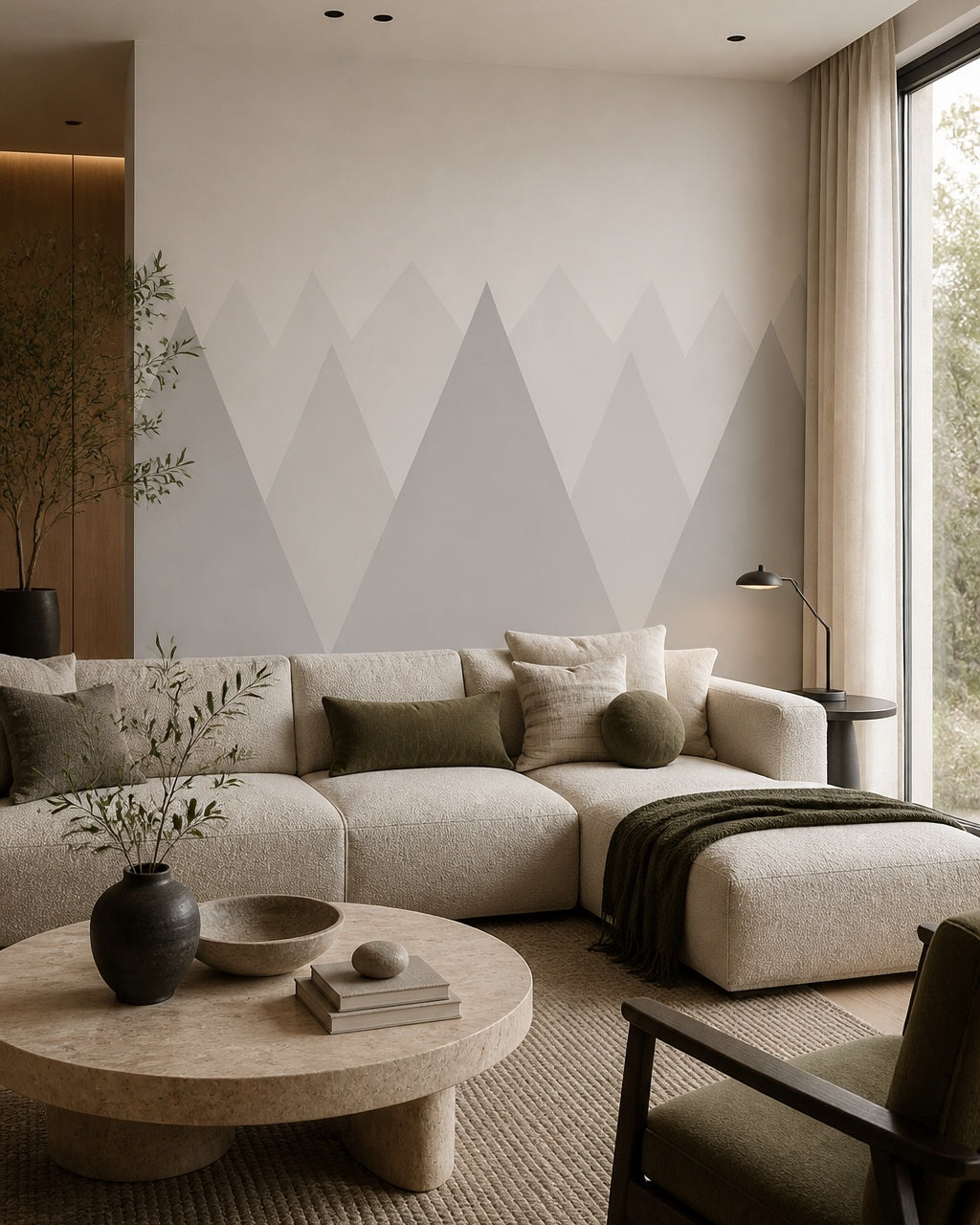 Soft neutral mountains kids room wallpaper in a designer living room.