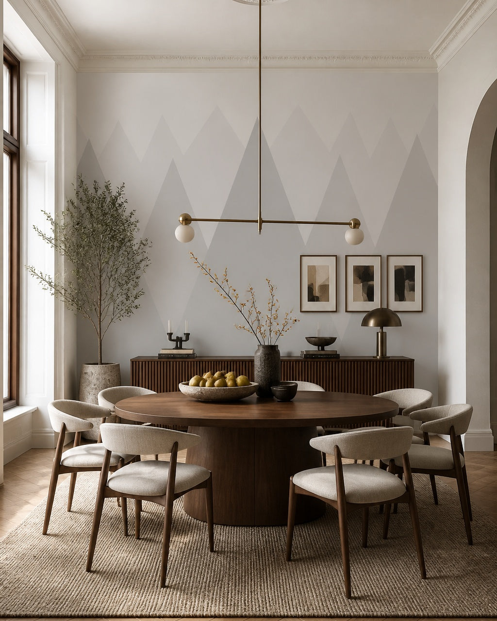Soft neutral mountains kids room wallpaper in a refined dining area.