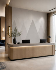Soft neutral mountains kids room wallpaper at a hotel reception desk.