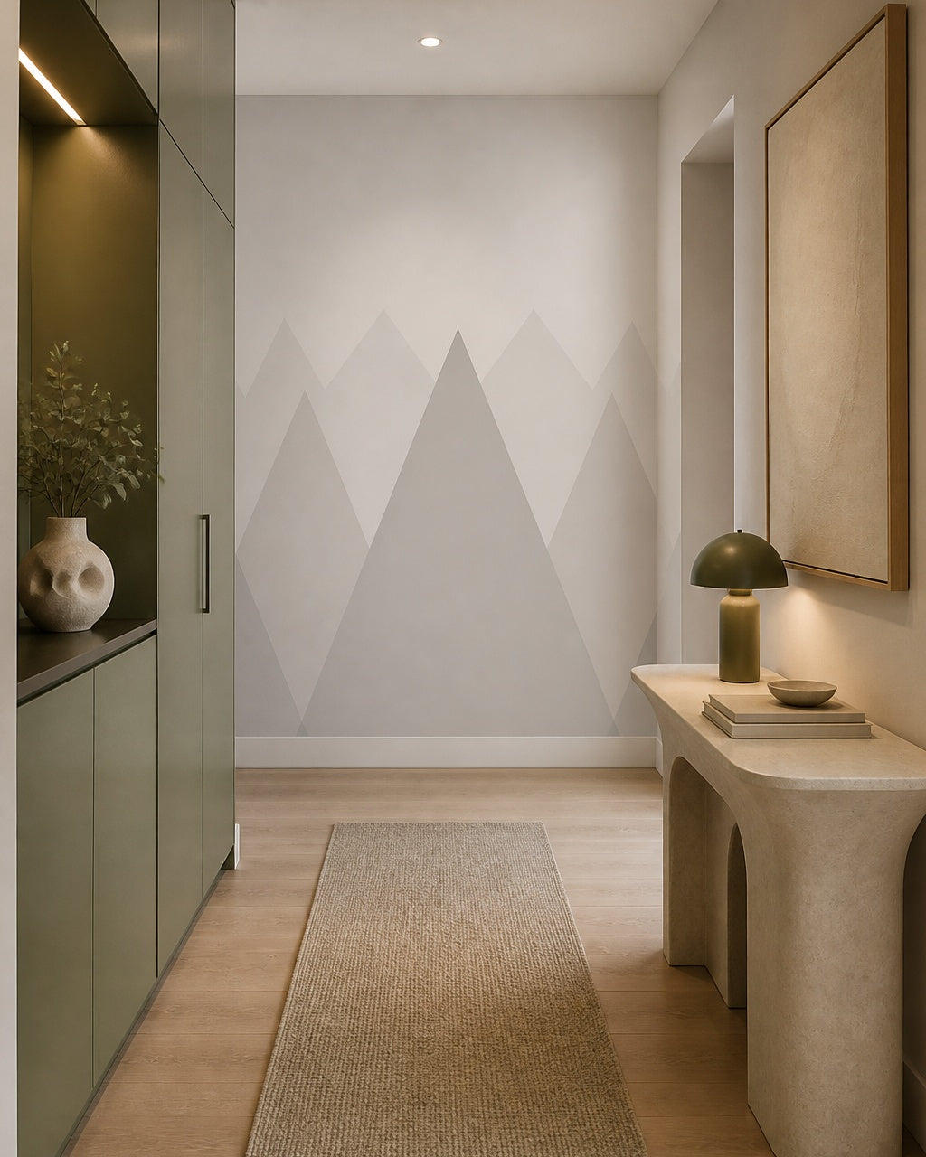 Soft neutral mountains kids room wallpaper in an architectural hallway.