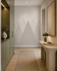Soft neutral mountains kids room wallpaper in an architectural hallway.