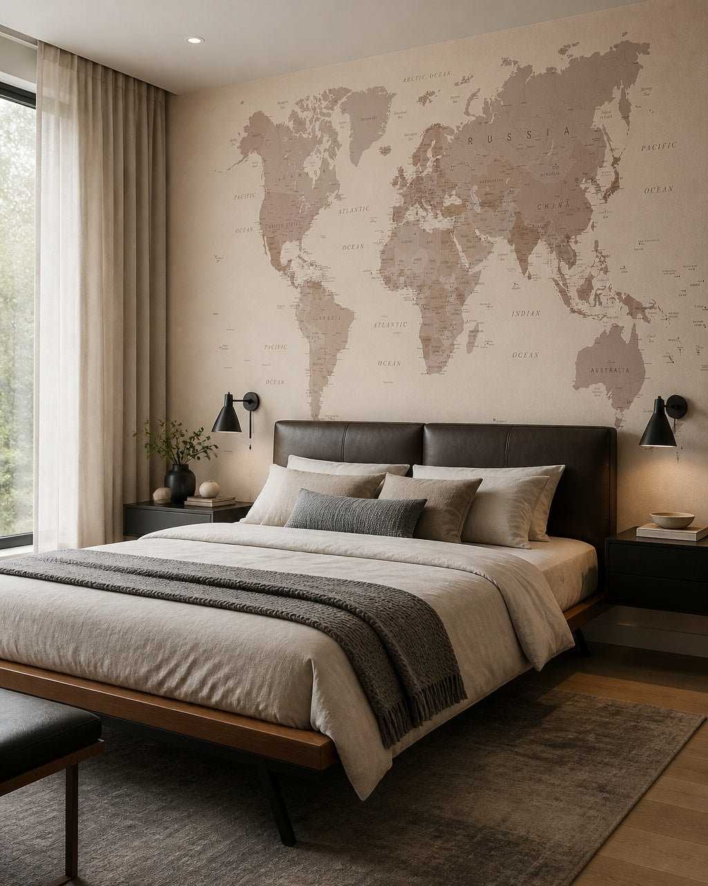 Beige world map wallpaper in a designer bedroom.