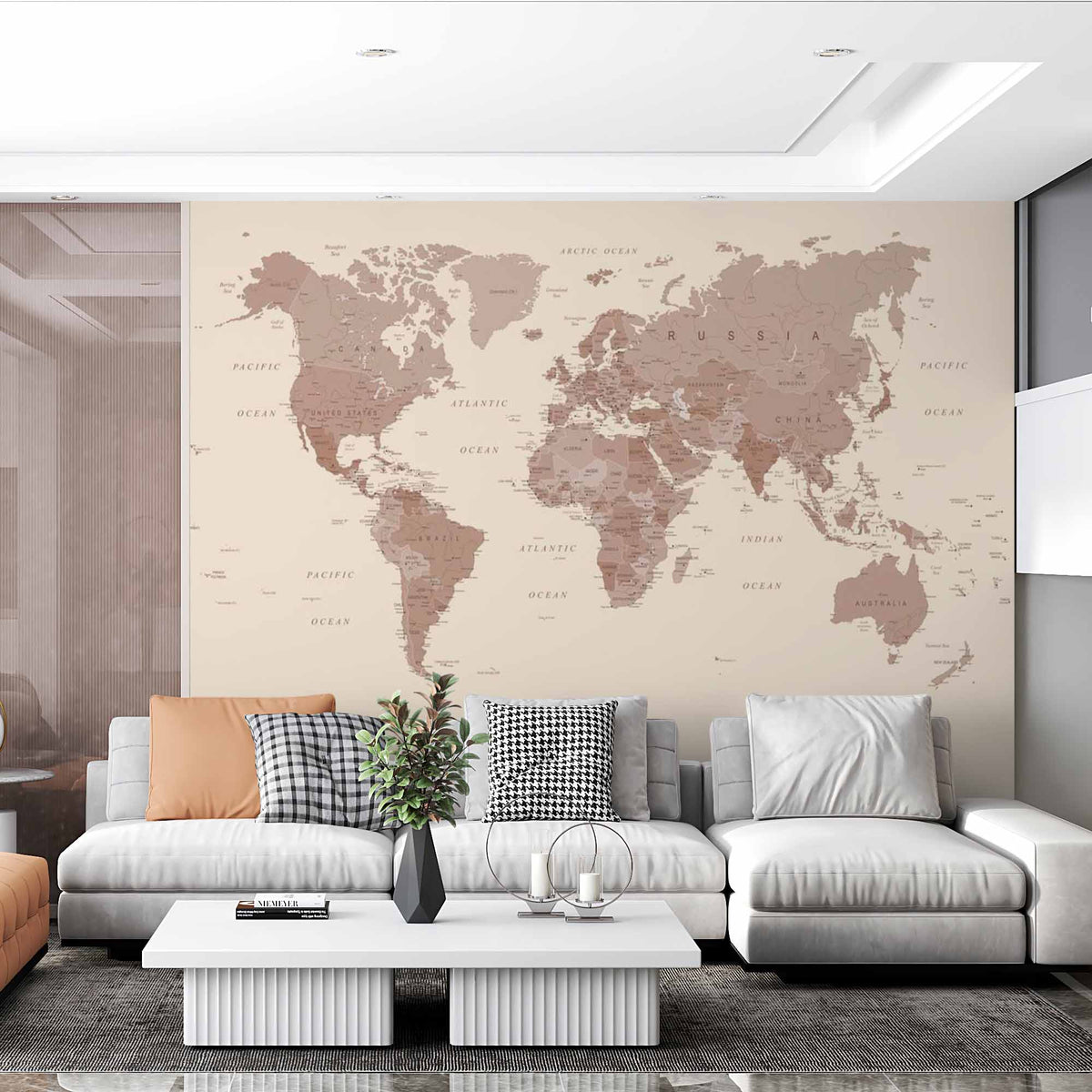 Minimalist Beige World Map Wall Mural Wallpaper with Subtle Earth Tones