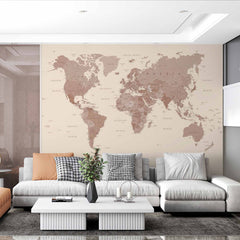 Custom Minimalist Beige World Map Wall Mural Wallpaper with Subtle Earth Tones