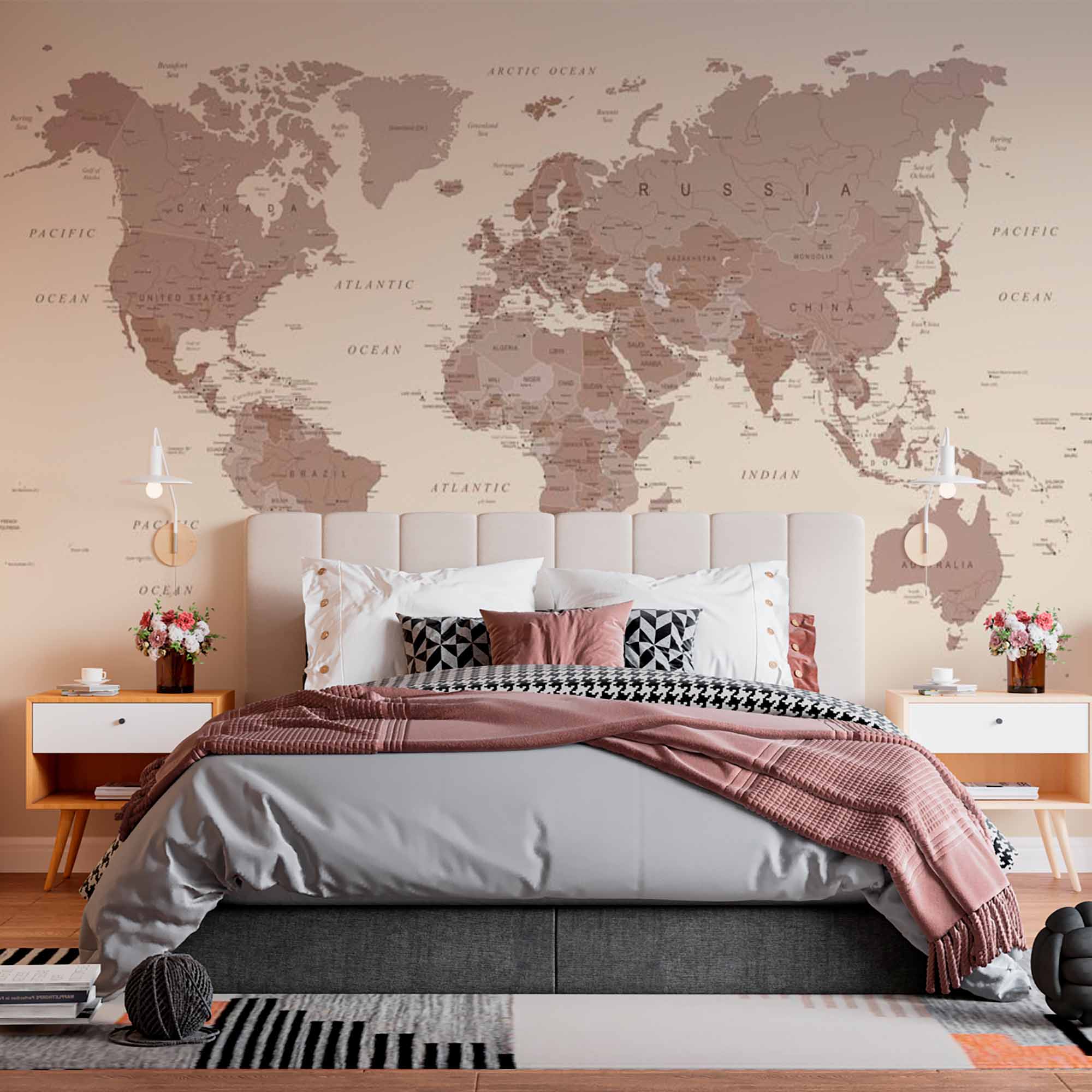 Minimalist Beige World Map Wall Mural Wallpaper with Subtle Earth Tones