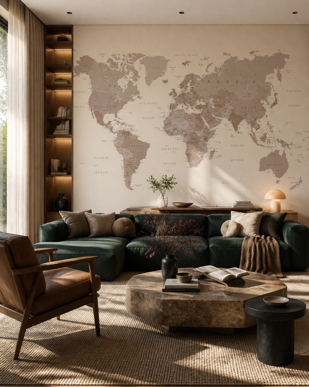 Beige world map wallpaper in a designer living room.