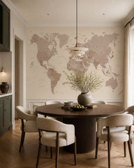 Beige world map wallpaper in a refined dining area.