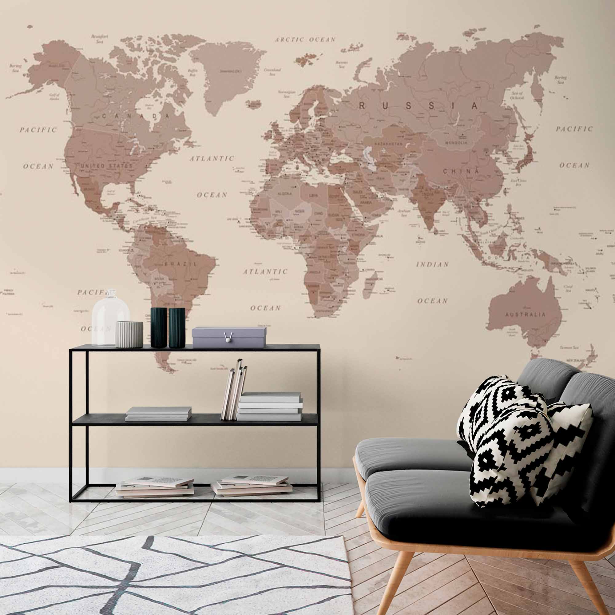 Minimalist Beige World Map Wall Mural Wallpaper with Subtle Earth Tones