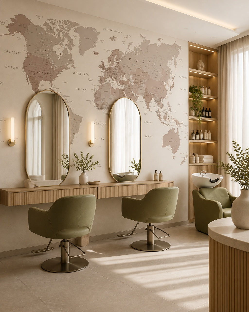 Beige world map wallpaper in a beauty salon.