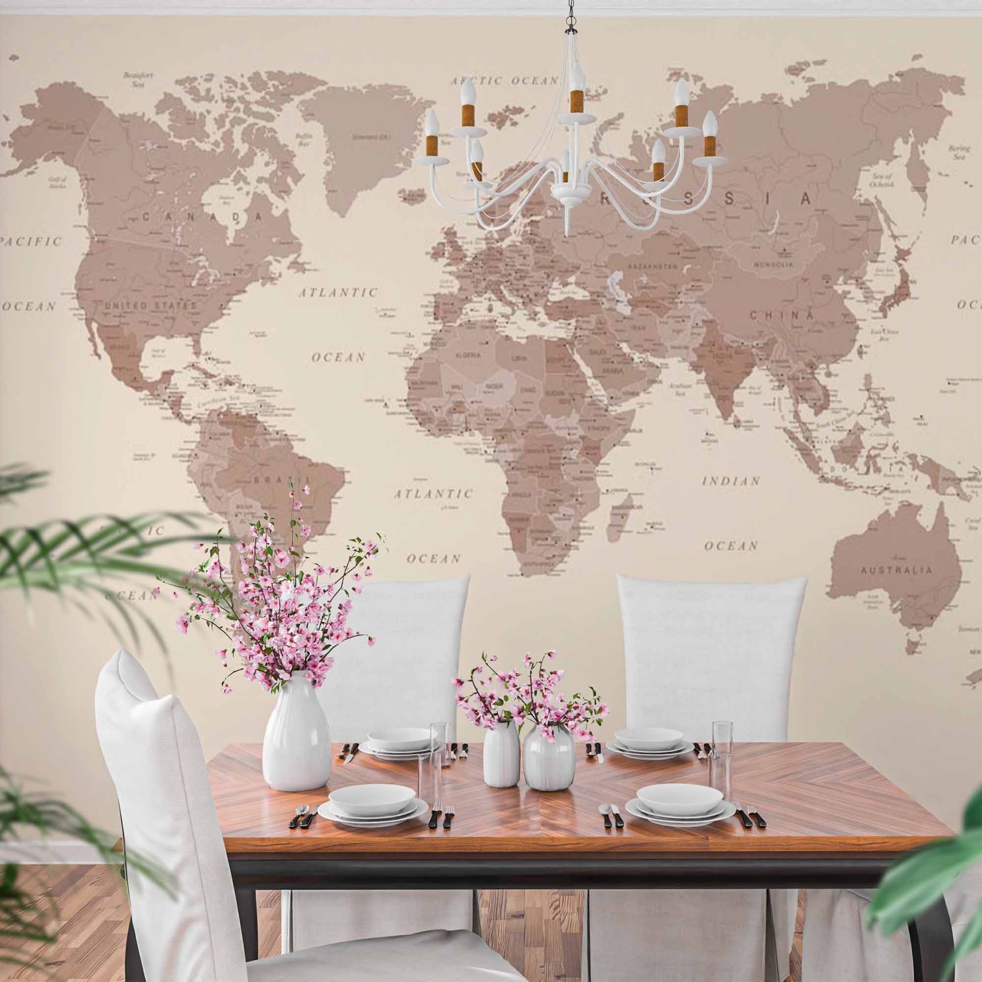 Minimalist Beige World Map Wall Mural Wallpaper with Subtle Earth Tones