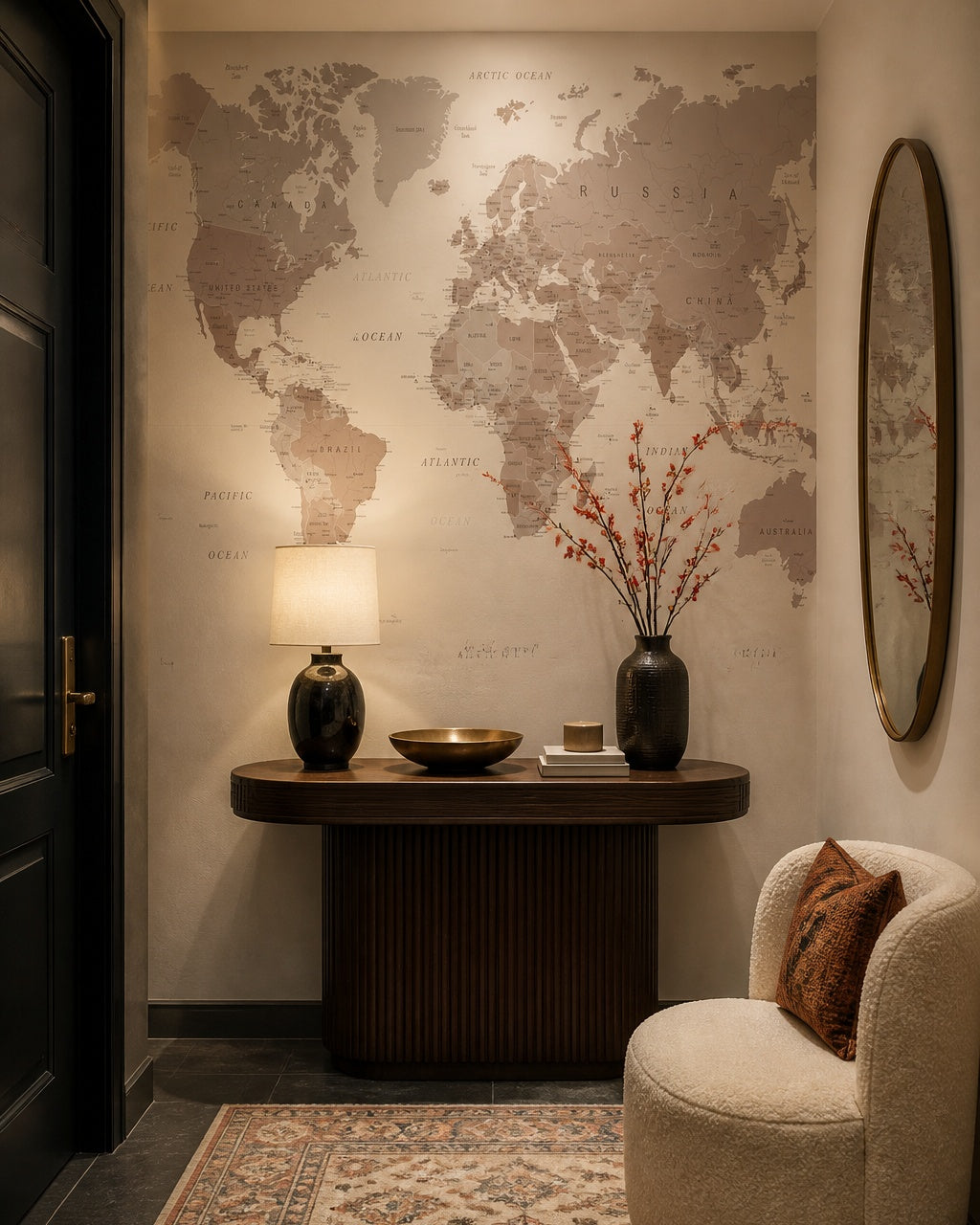 Beige world map wallpaper in a designer entrance hall.