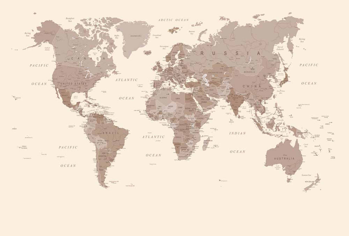 Papier peint carte du monde beige – Papier peint panoramique carte détaillée minimaliste tons terre