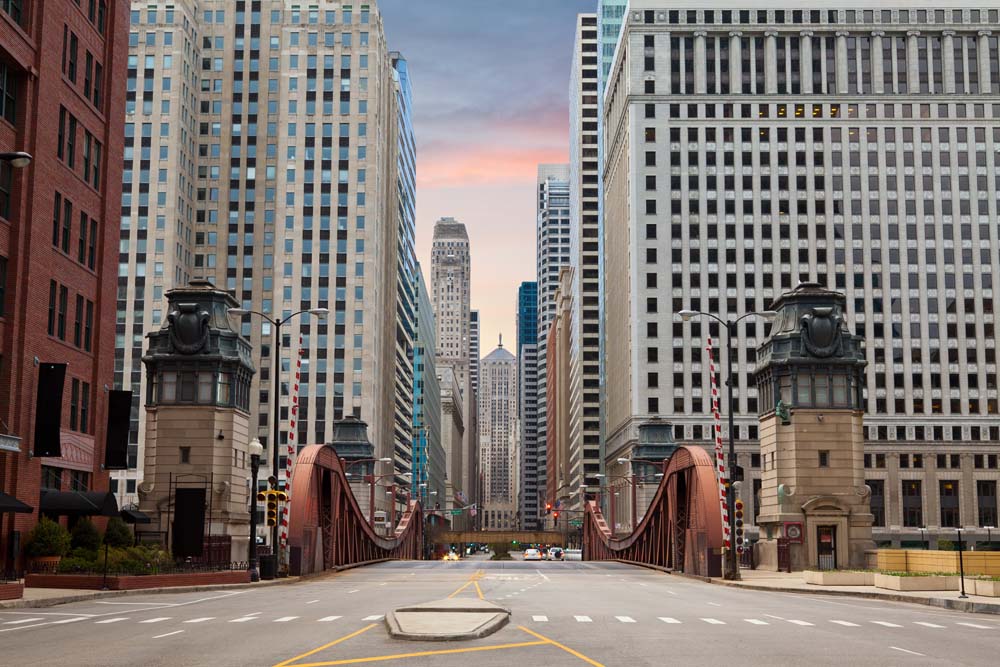 Classic City Bridge Wall Mural - Urban Architecture and Skyscrapers at Sunset