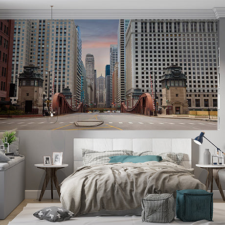 Classic City Bridge Wall Mural - Urban Architecture and Skyscrapers at Sunset