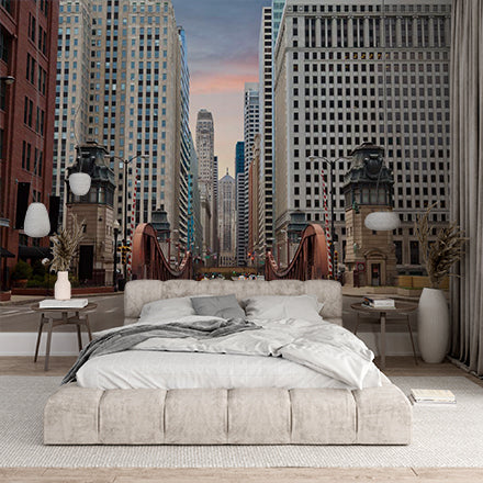 Classic City Bridge Wall Mural - Urban Architecture and Skyscrapers at Sunset