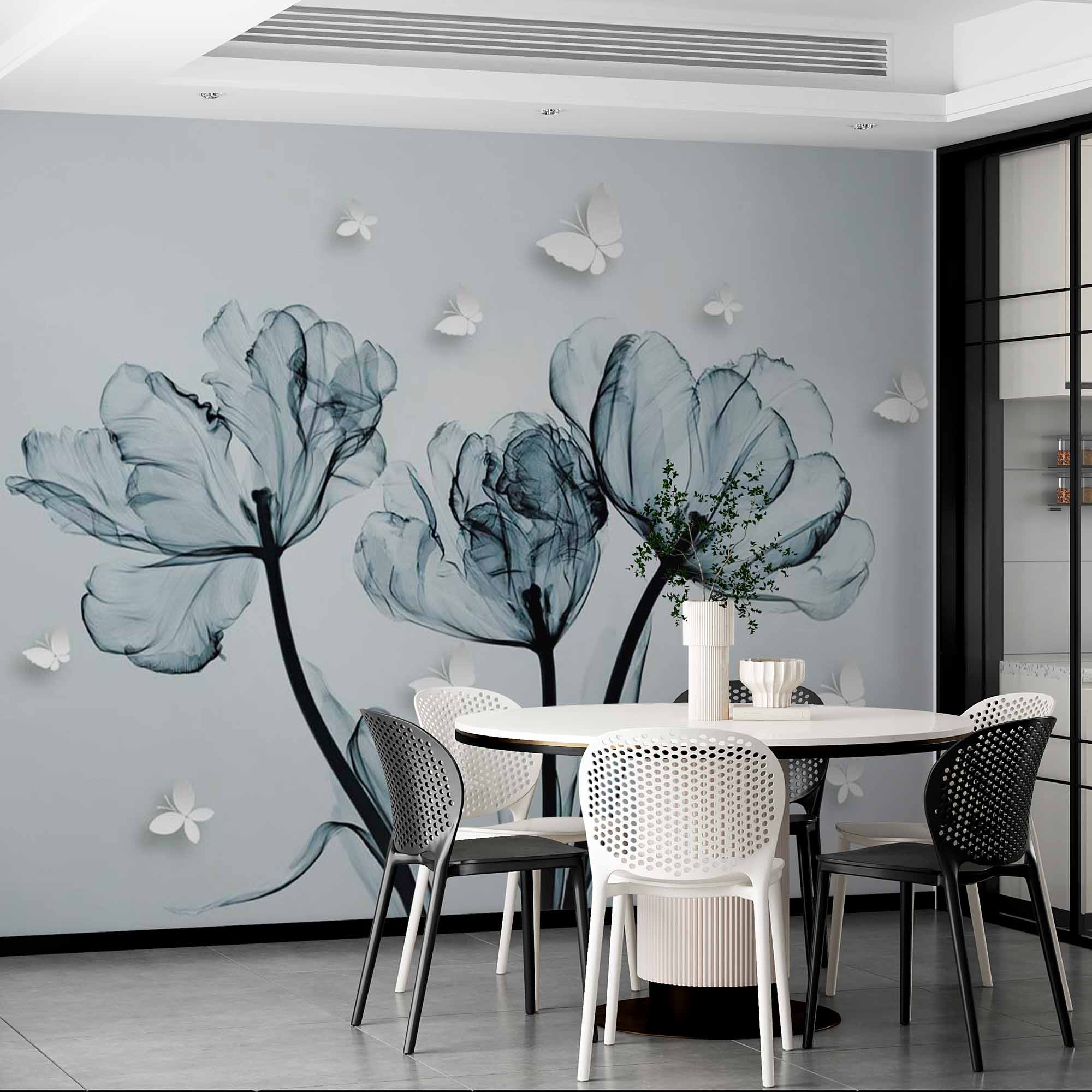 Monochrome Tulip Silhouettes with Butterflies Wall Mural - Elegant Black and White Floral Wallpaper