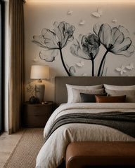 Blue tulips with butterflies wallpaper in a designer bedroom.