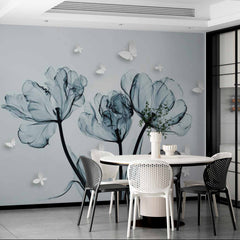 Custom Monochrome Tulip Silhouettes with Butterflies Wall Mural - Elegant Black and White Floral Wallpaper