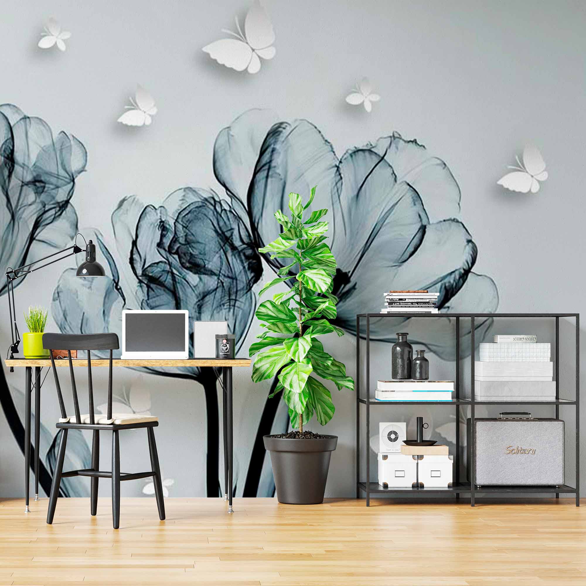 Monochrome Tulip Silhouettes with Butterflies Wall Mural - Elegant Black and White Floral Wallpaper