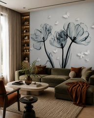 Blue tulips with butterflies wallpaper in a designer living room.