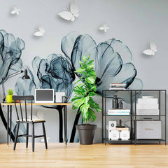 Custom Monochrome Tulip Silhouettes with Butterflies Wall Mural - Elegant Black and White Floral Wallpaper