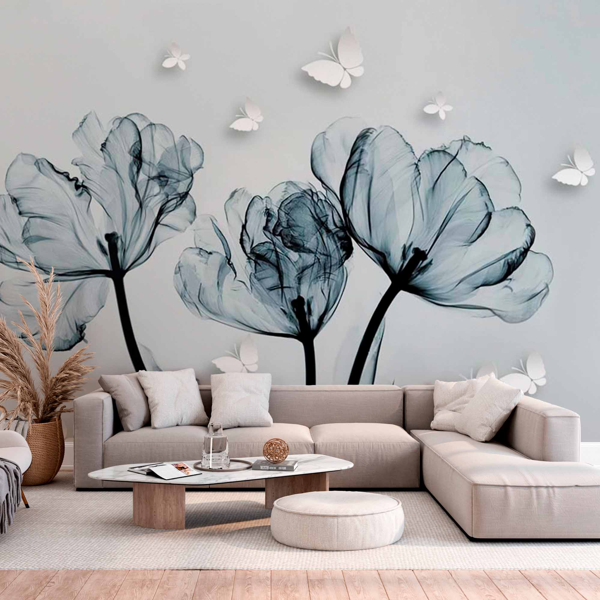 Monochrome Tulip Silhouettes with Butterflies Wall Mural - Elegant Black and White Floral Wallpaper