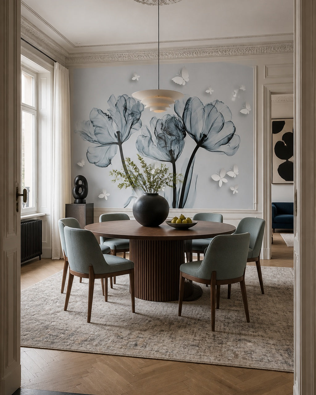 Blue tulips with butterflies wallpaper in a refined dining area.