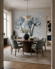 Blue tulips with butterflies wallpaper in a refined dining area.