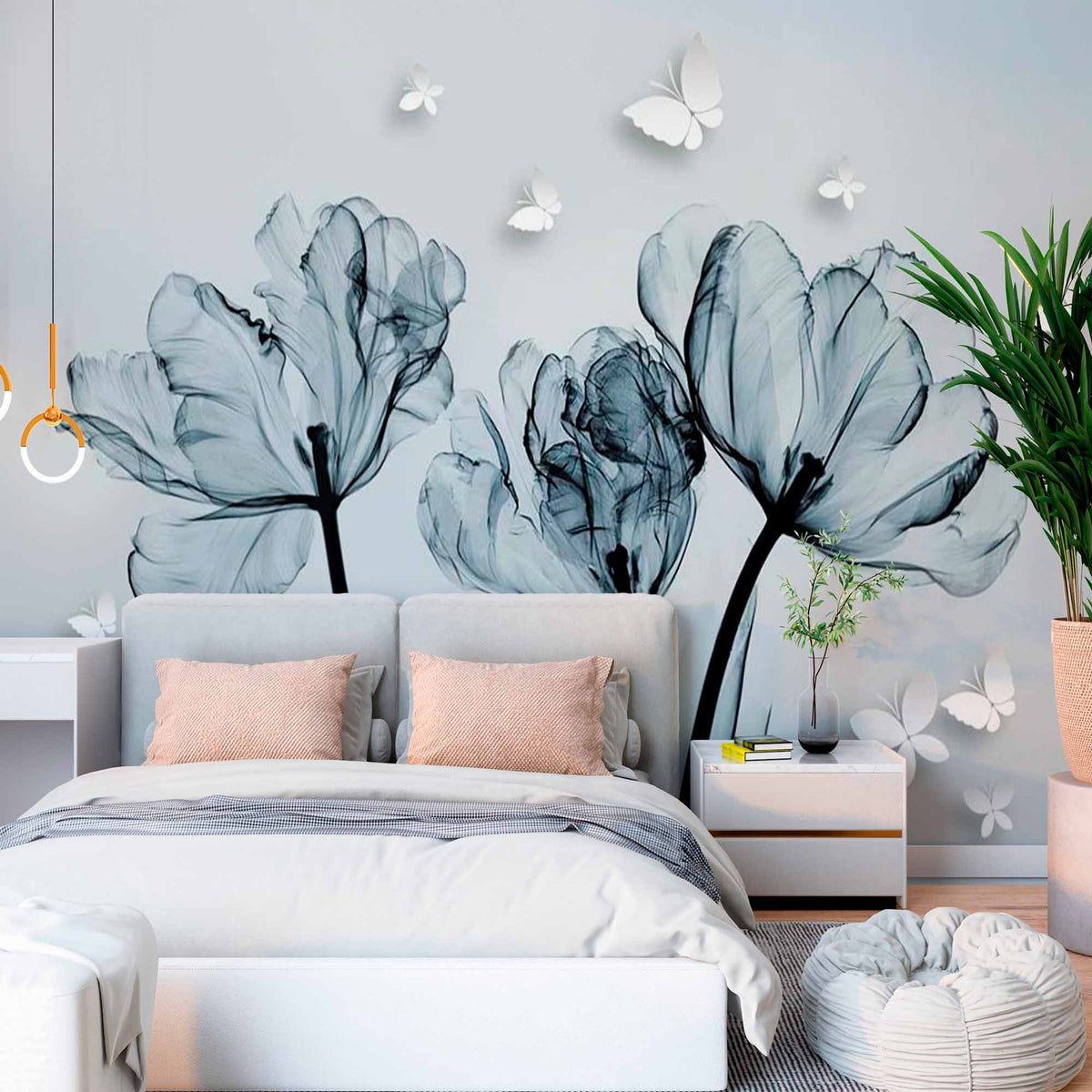 Monochrome Tulip Silhouettes with Butterflies Wall Mural - Elegant Black and White Floral Wallpaper