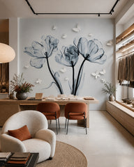 Blue tulips with butterflies wallpaper in a design showroom.